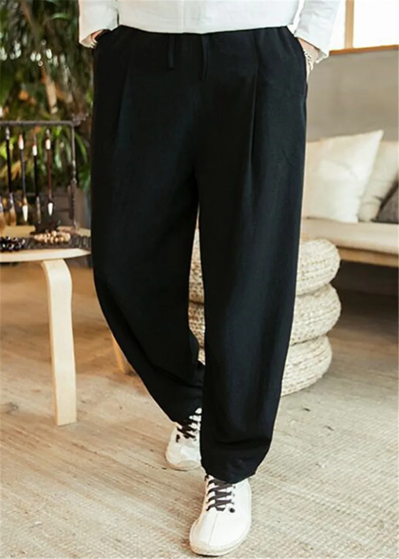Осенние мужские длинные хлопковые льняные брюки больших размеров, штаны для бега, весенние повседневные Широкие штаны, Большие Размеры M-6XL 7XL - Цвет: Черный