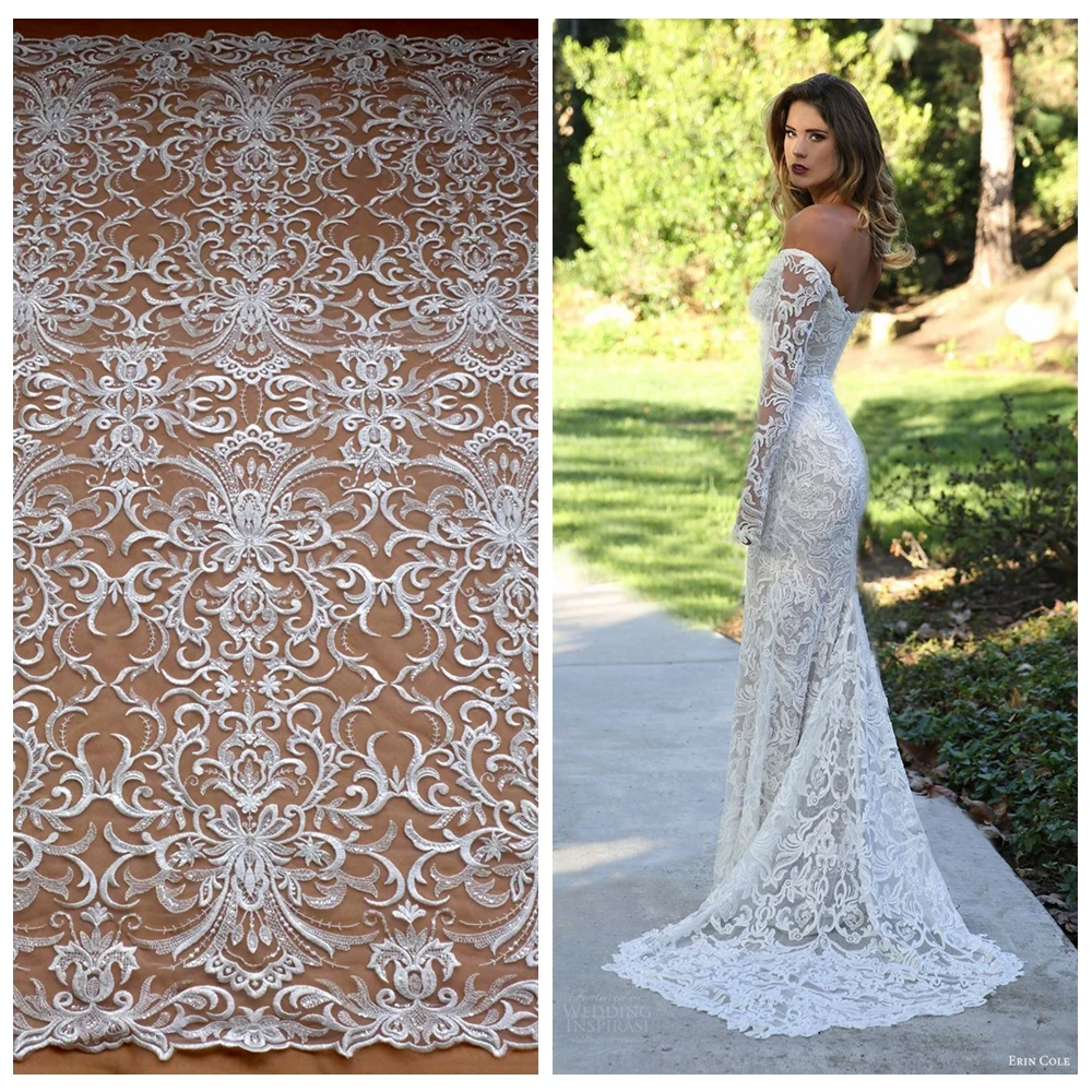 

La Belleza New fashion Off white rayon with clear shining sequins on netting wedding/brides/evening dress lace fabric