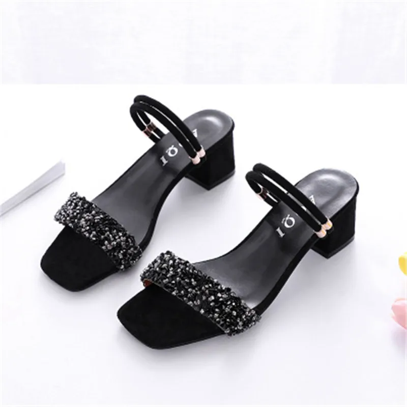

Rhinestone thick heel sandal female summer 2019 new Korean version of high-heeled large size sandals and slippers two wear women