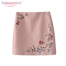 Aelegantmis Мода Осень розовая короткая юбка из искусственной кожи Женская Осенняя облегающая мини юбка-карандаш с цветочной вышивкой высокая талия