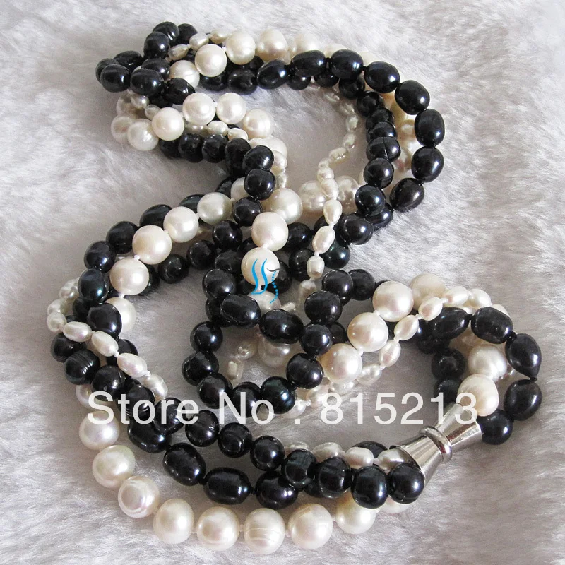 ddh00383 4-10mm 4Row White Black Freshwater Pearl Necklace Bracelet Set