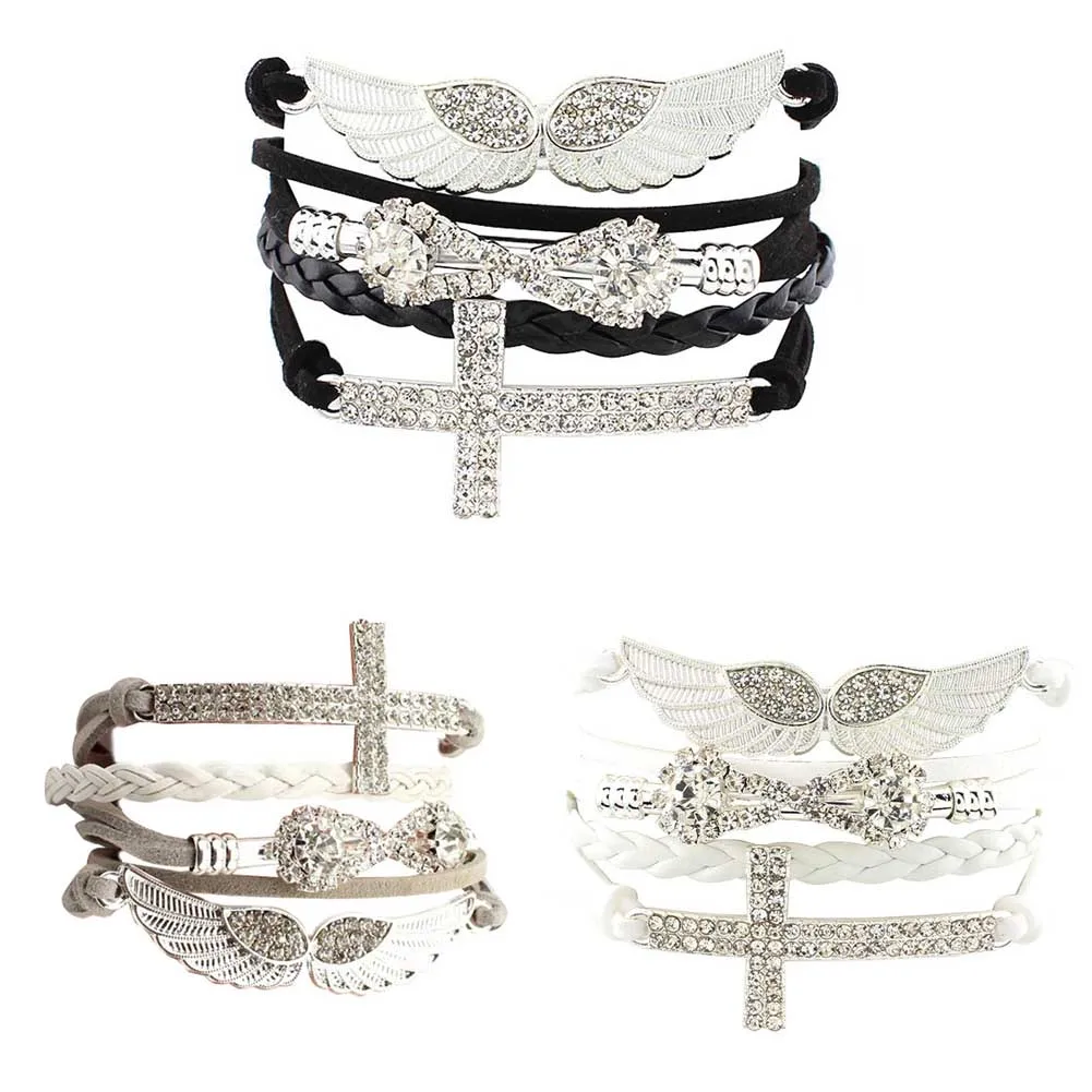 

2018 Elegant Friendship Crystal Cross Infinity Wings PU Leather Charm Bracelet Bangle For Women New Fashion Jewelry Accessories