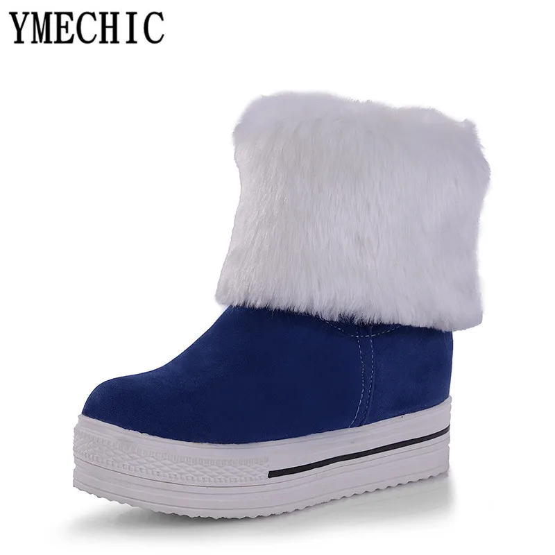 YMECHIC/ зимние теплые толстые плюшевые сапоги до середины икры на платформе в стиле панк; женская обувь из флока; цвет синий, черный; женские зимние сапоги размера плюс