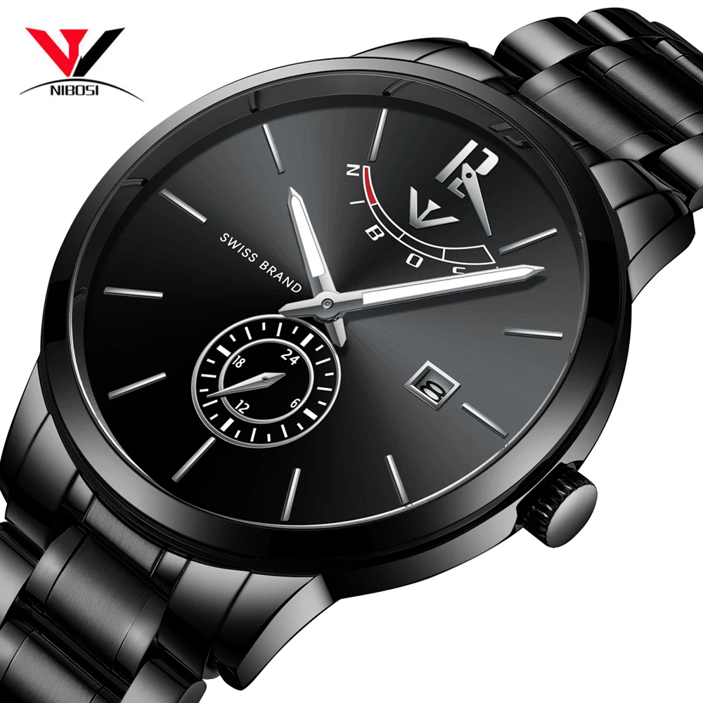 

relogio masculino NIBOSI Mens Watches Top Brand Luxury Fashion Business Quartz Watch Men Sport Full Steel Waterproof Black Clock
