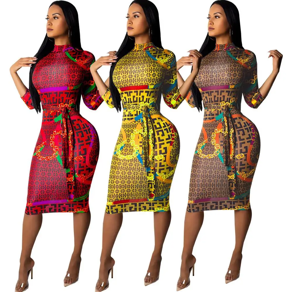 

Fashion Long Sleeve Bodycon Bandage Women Dress Sexy Print Party Dress
