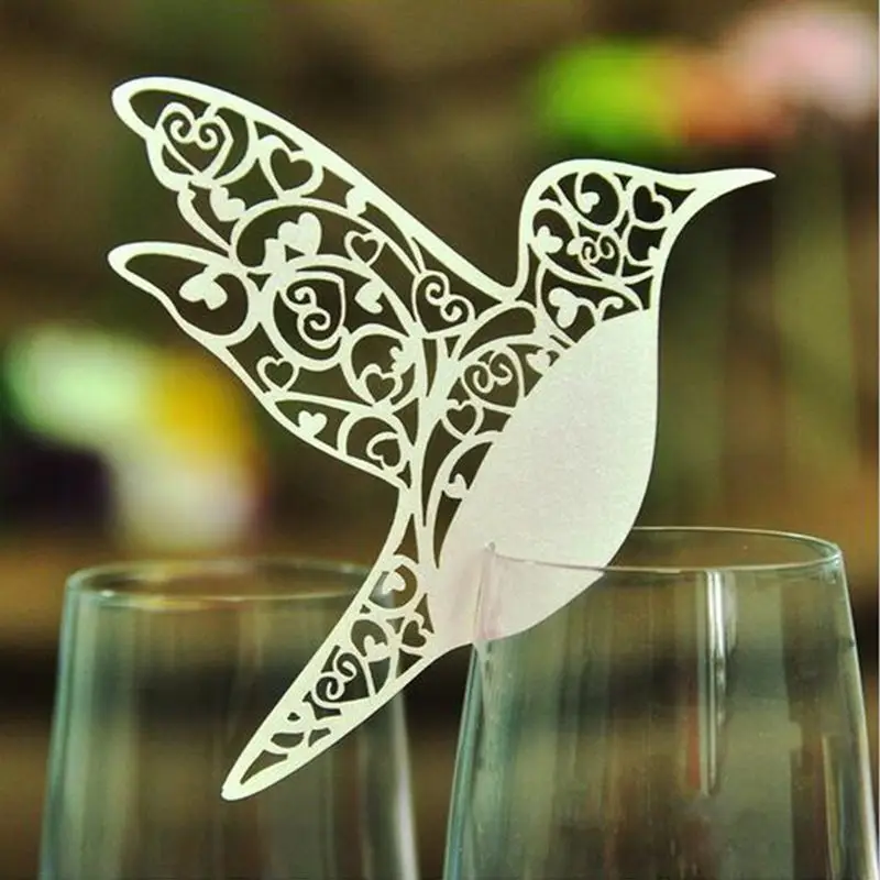 100pcs Lacer Cut Paper Bird mariage cards Table Wine Glass Cup Card Escort Mark for Wedding Party Home Decorations | Дом и сад