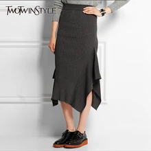 TWOTWINSTYLE Асимметричная трикотажная юбка для женщин с оборками и разрезом, эластичная облегающая юбка миди с высокой талией, Весенняя модная повседневная