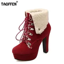 TAOFFEN Frauen Plattform Starke Ferse Stiefeletten Frau Runde Kappe Lace Up Heels Schuhe Frau Warme Pelz Botas Feminina Größe 34-43