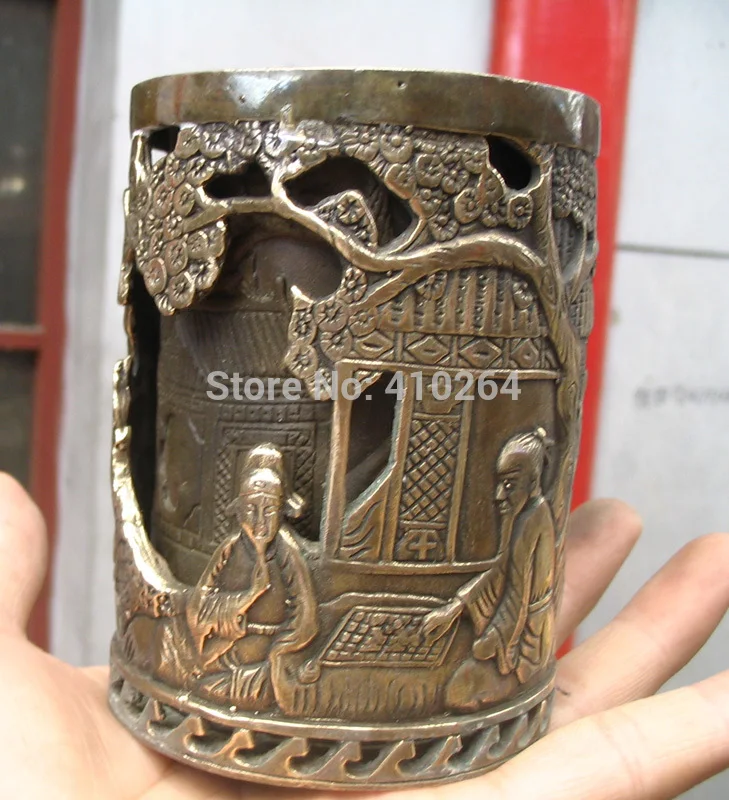 

0116P [old craft ] Fast shipping Have the elegant container for pens of carvings bronze statue (A0314)