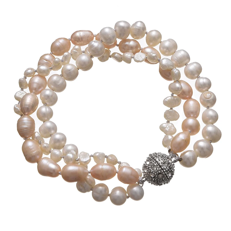

3 Rows White and Orange Pearls Beads 7-8&7-8&4mm Making Design Special Style Pearls Bracelets 7inch H658