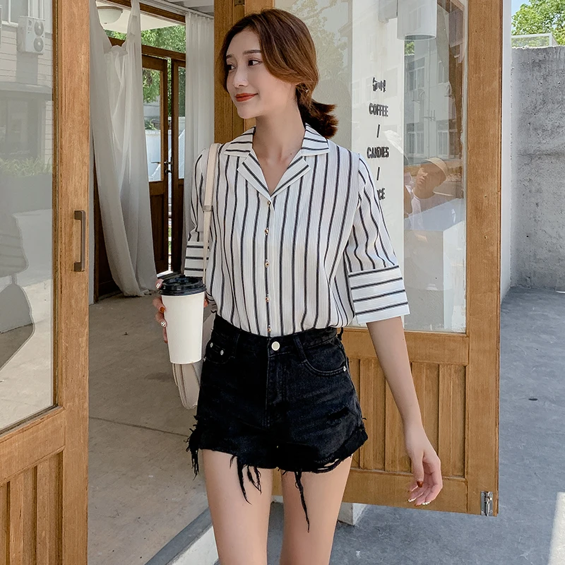 

Women Shirt Summer Fashion Woman Blouses 2019 Turndown Collar Striped Chiffon Shirt Blouse Women