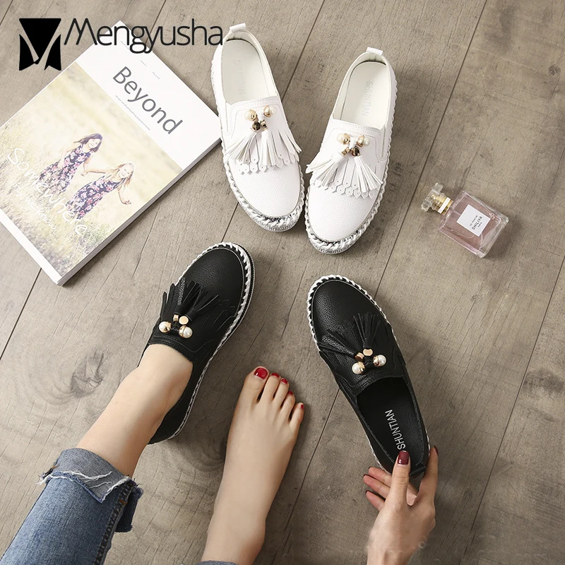 2018 blanc Slip Gland Mocassins Microfibre Femme Ronde On Chaussures Noir Date Toe Appartements Confortable Creepers Corée Dames Perle Mujer Joker OXZikuwPlT