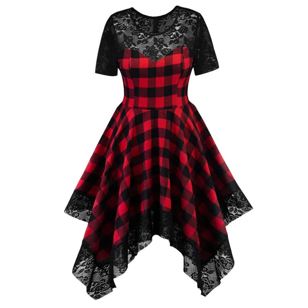 

Lace Sexy dress Women Plaid Printing party dress Ladies robe femme Summer Style Short Sleeve patchwork Dress Irregular vestidos