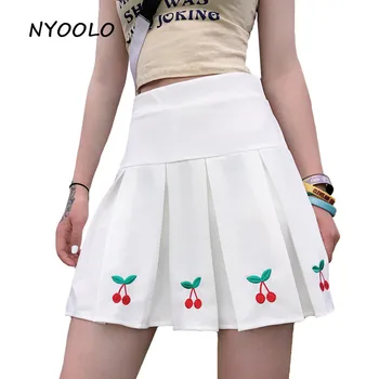

NYOOLO Preppy style Cute Cherry Embroidery High Waist Skirt Summer street zipper mini Pleated Skirt women School Girls Uniforms