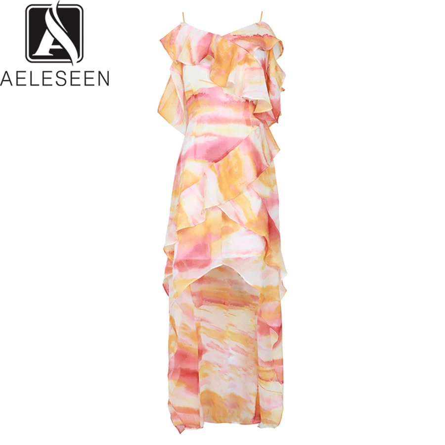 

AELESEEN Irregular Short Front Desses Women 2019 Summer High Street Cascading Ruffles Spaghetti Strap Gradient A-Line Dress