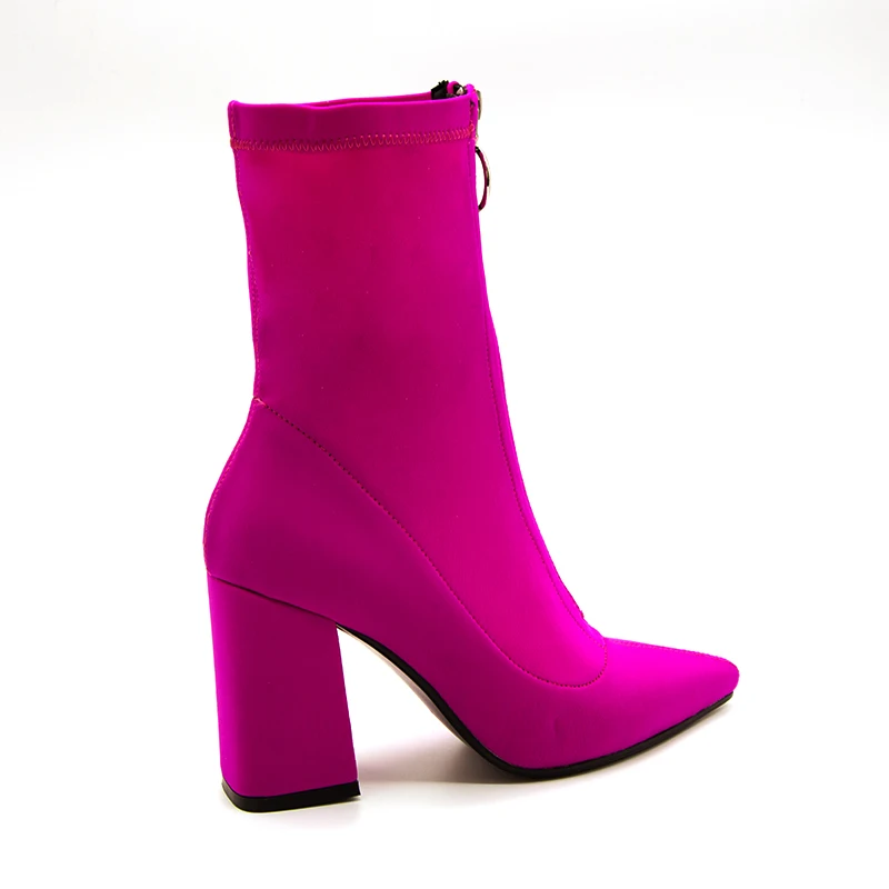Осенние розовые женские сапоги-носки; ботильоны из эластичной ткани с острым носком на высоком каблуке; сапоги на шпильке; Botas Mujer; обувь на массивном каблуке и молнии