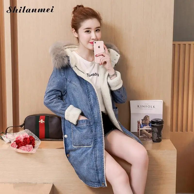 Faux Femmes Long De Et Veste Agneau À Manteau Femelle Rembourré Jean Survêtement D'hiver Fourrure Denim Polaire Chaud Capuche Épais Col hdQCrts