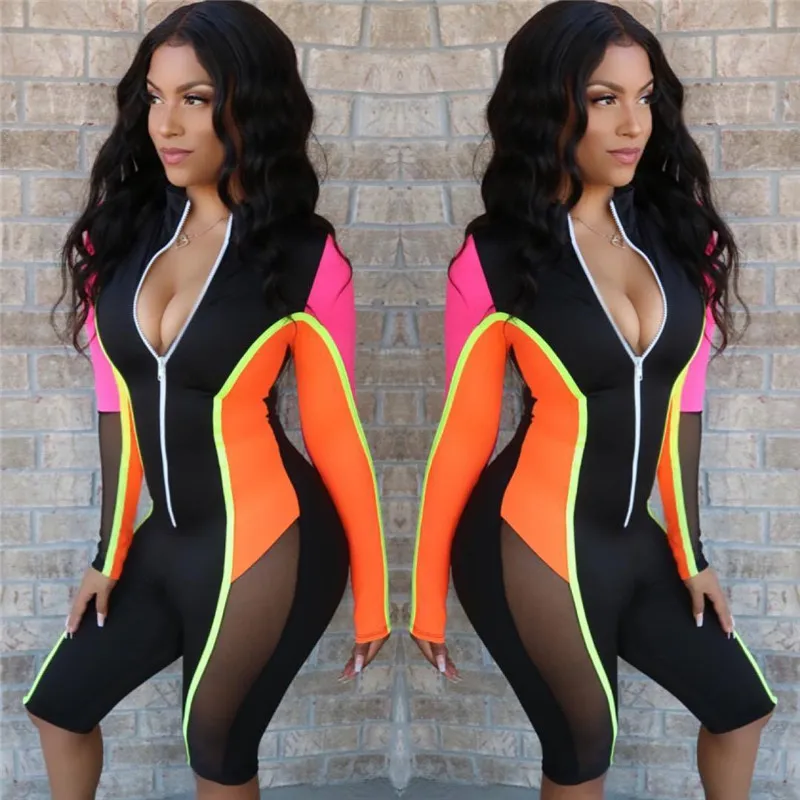 New S-3XL Color Patchwork Sheer Mesh Bandage Jumpsuit Women Sexy Zipper V Neck Long Sleeve Shorts Romper Night Club Playsuit New S-3XL Color Patchwork Sheer Mesh Bandage Jumpsuit Women Sexy Zipper V Neck Long Sleeve Shorts Romper Night Club Playsuit