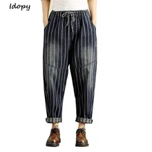Idopy женские шаровары в полоску мешковатые милые японский стиль эластичный пояс шнурок лодыжки Длина Джинсовые штаны для девочек