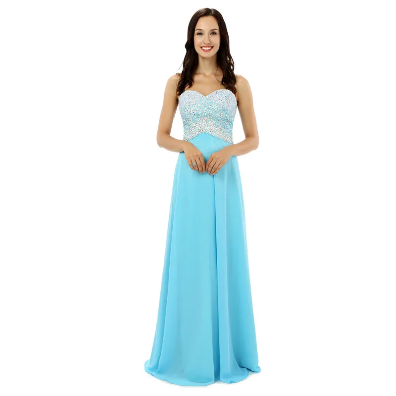 Real Model Sweetheart Sky Blue Prom Dress Long Evening Party Formal Women Gown 2017 Crystal Beading
