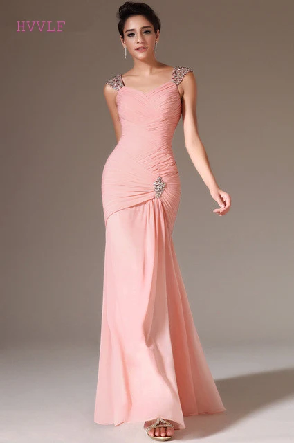 Розовые вечерние платья Русалка v-образным вырезом шифон бисером с открытой спиной Большие размеры длинное вечернее платье Выпускные платья Robe De Soiree