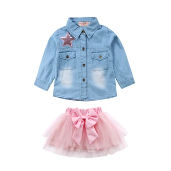 

2PCS Toddler Kids Baby Girl Denim Long Sleeve Single Breasted Top Shirt Tutu Skirt Dress Outfits Clothes Set