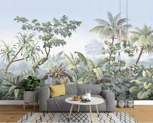 

Wallpaper European retro hand drawn garden trees rainforest banana coconut tree wallpaper TV background 3d wallpaper
