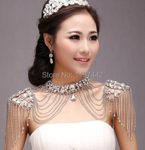 New Bride Wedding Dress Accessories crystal Bridal Body Chain big necklace with earrings Shoulder Strap Vintage Accessories