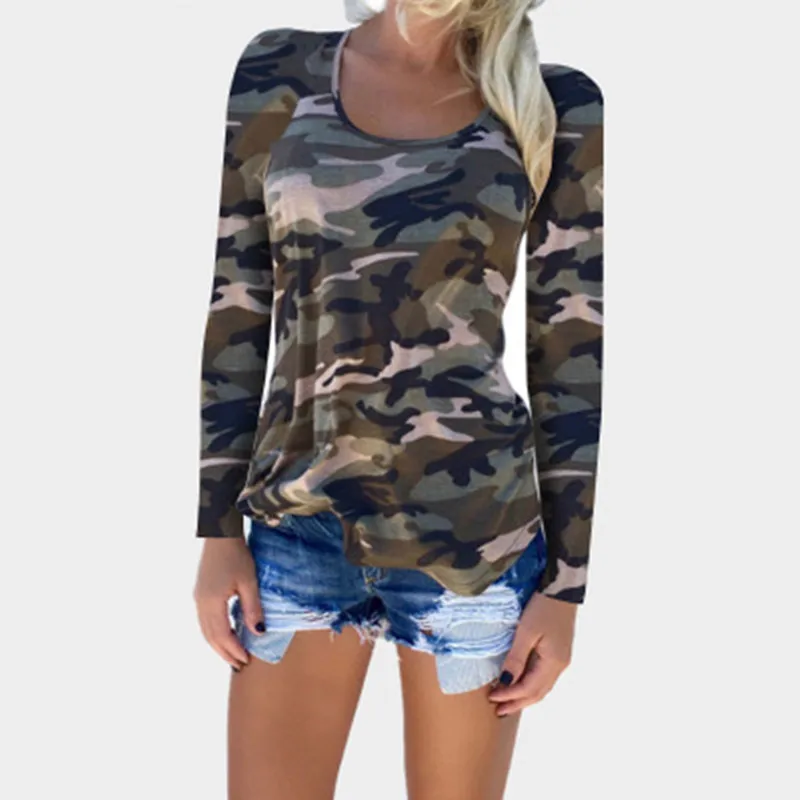 

Women T-shirt Long Sleeve Print Camouflage Linen Corset Sexy Club Tshirts 2019 Top Fashion Spring Tshirt Clothes Streetwear