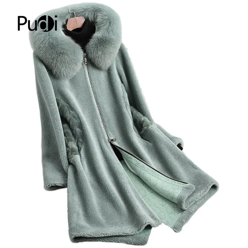 

PUDI A18104-3 women winter real wool shearing overcoat warm jacket real fox fur hood girl coat lady Long jacket overcoat