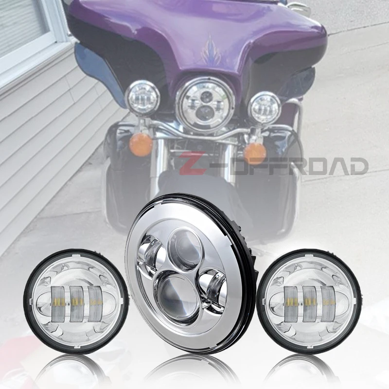 

Z-OFFROAD For motorcycle head lights set 7" chrome LED H4 plug&play headlight +4.5inch fog light passing lamp