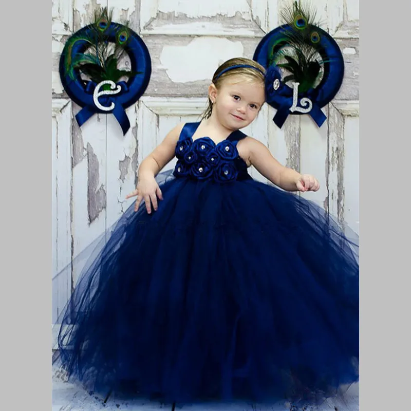 Темно-синее платье-пачка для девочек; платье принцессы для маленьких девочек на свадьбу; платье подружки невесты с цветочным узором для девочек; детское платье из тюля на выпускной день рождения