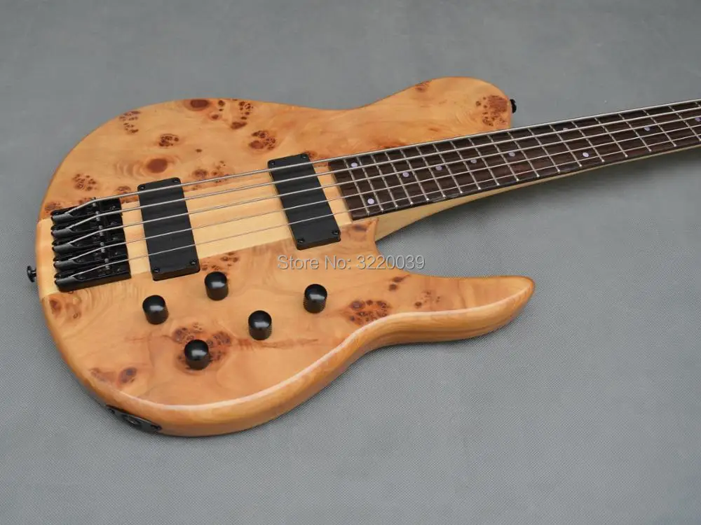6 Strings Electric bass with Burl wood top,Active pickups,Neck through Solid Ash wood body