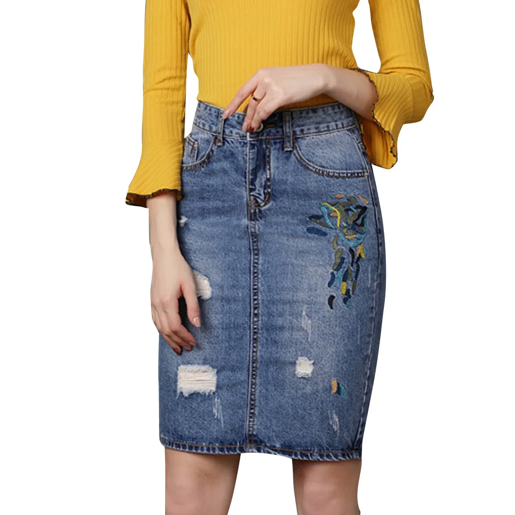 Summer Women Ripped Denim Skirt Embroidery Lady Jean Mini Skirt High