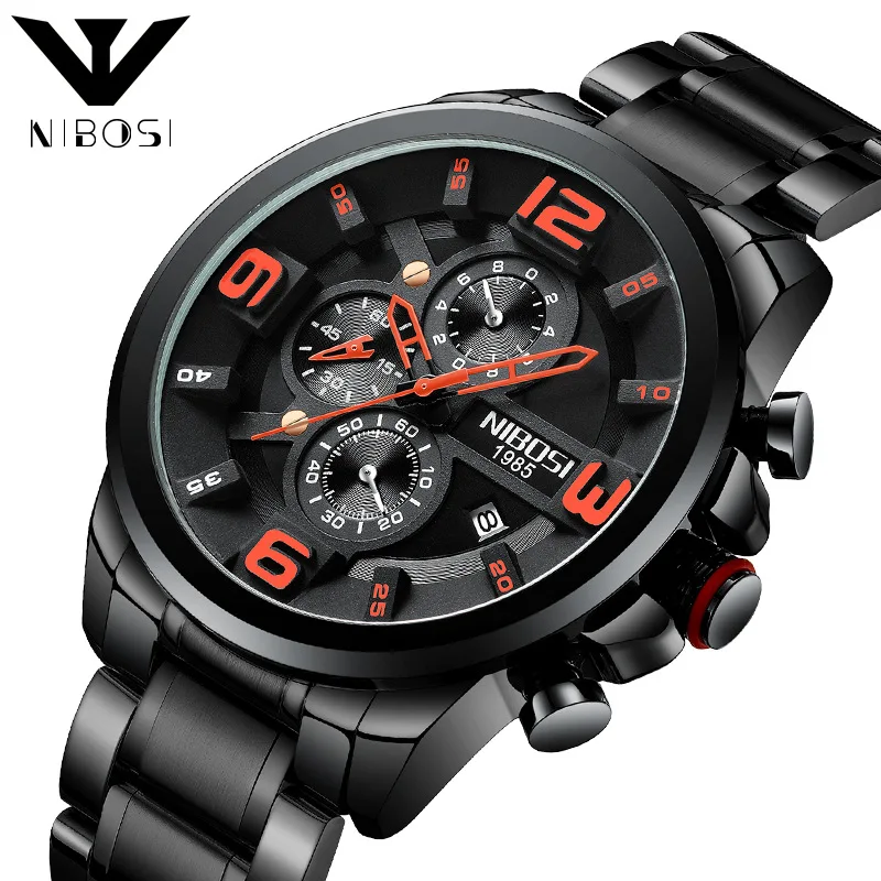 

2019 hot sale solid steel belt three-eye watch Multi-function men's business sports quartz watch