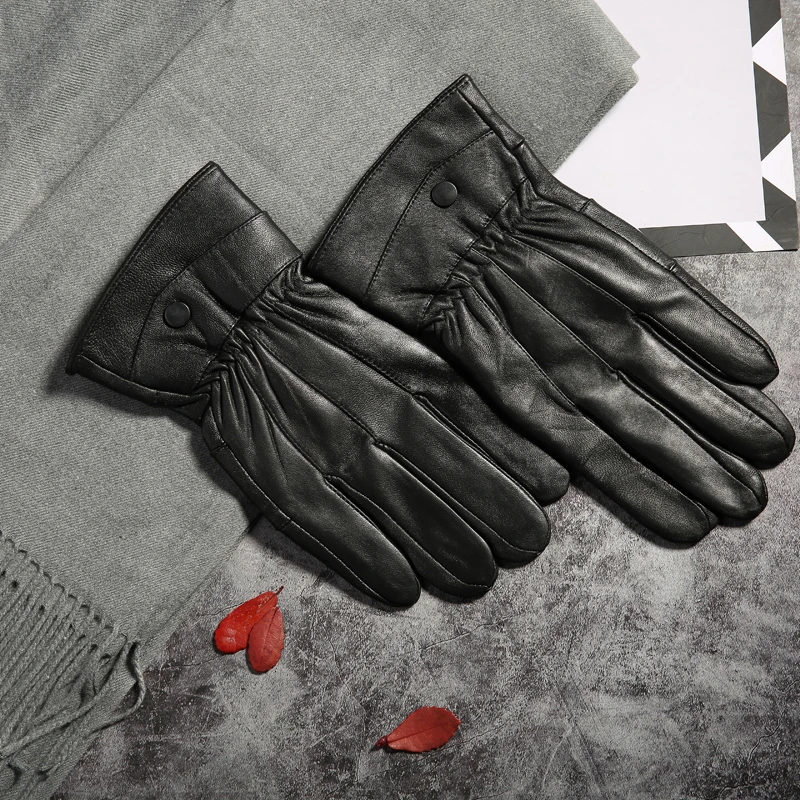 2018 Winter Men Warm Fleece Gloves Genuine Sheep Leather Gloves Men Driving Leather Gloves Mittens Male Outdoor Guantes 