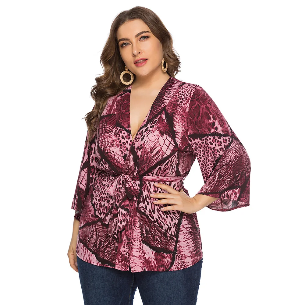 New Loose Fashion Snake Print Open Waist Tie Long Sleeve Shirt  Oversized  Code   6xl   Fat  Mm Leisure Loose  Comfortable Tops