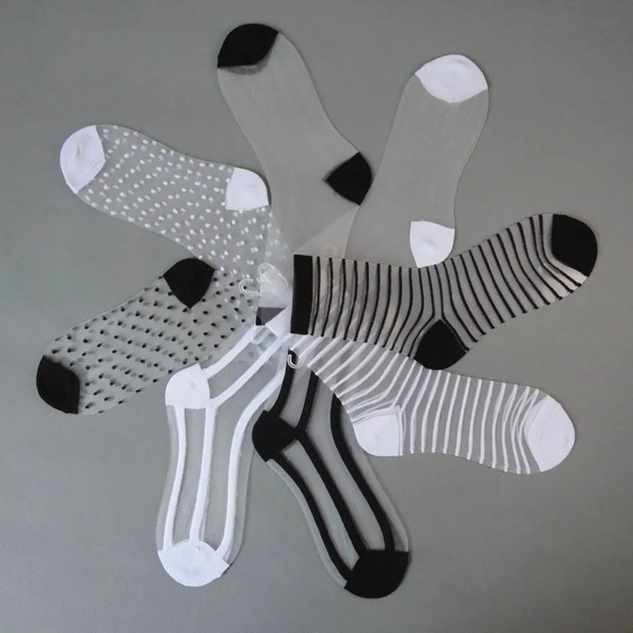 Разные стильные кружевные прозрачные женские носки с кристаллами, удобные прозрачные Шелковые Летние Стильные носки до щиколотки, ультратонкие забавные носки Harajuku Calcetines