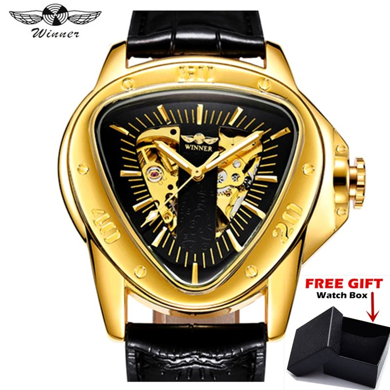 

WINNER Brand Luxury Self-wind Mechanical Men Watch Golden Triangle Shape Skeleton Wristwatch