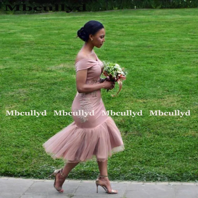 

Mbcullyd Dusty Pink Mermaid Bridesmaid Dresses Short Tea Length Appliques African Women Dress for Wedding Party vestido madrinha