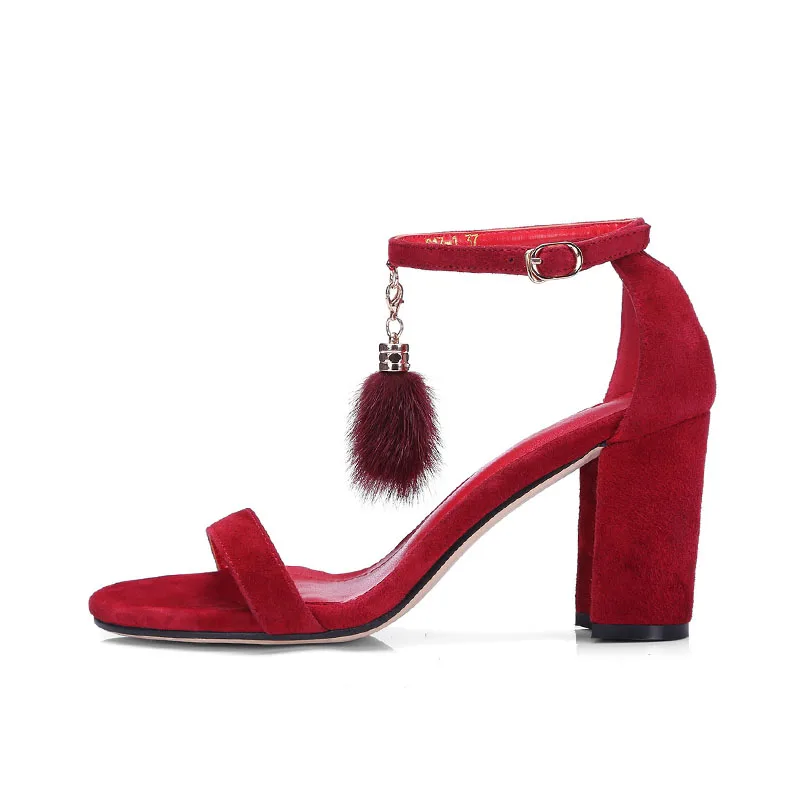scamosciata Summer alto con Party in Decorazione pelle Fur Wetkiss Nero Quadrati Shoes Open tacco metallo Sandali Kid donna Rosso da Fashion Toe PpSpWd