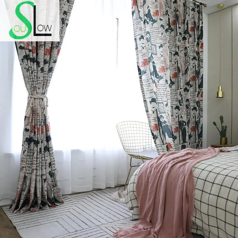 

Slow Soul chaplin Modern Fine Bedroom Living Room Simple Printed Cloth Curtain Fabric Japanese And Korean Portrait Curtains For