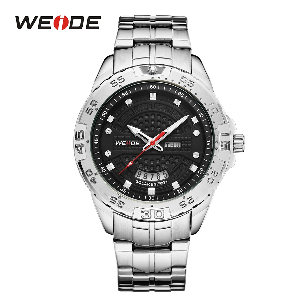 WEIDE Men's Sport Solar Energy Date Calendar Analog Digital Silver Stainless Steel Strap Black dial Wrist Watch Orologi da uomo