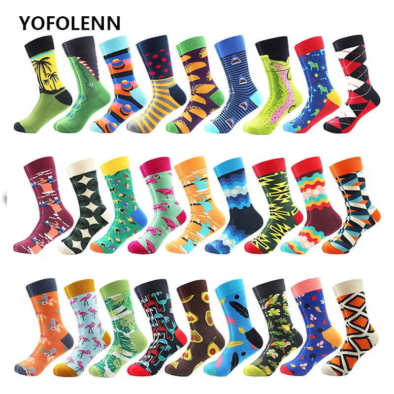 

10 Pairs/Lot Fashion Men's Combed Cotton Socks Mixed Pattern Cool Crew Breathable Funny Skateboard Casual Happy Socks