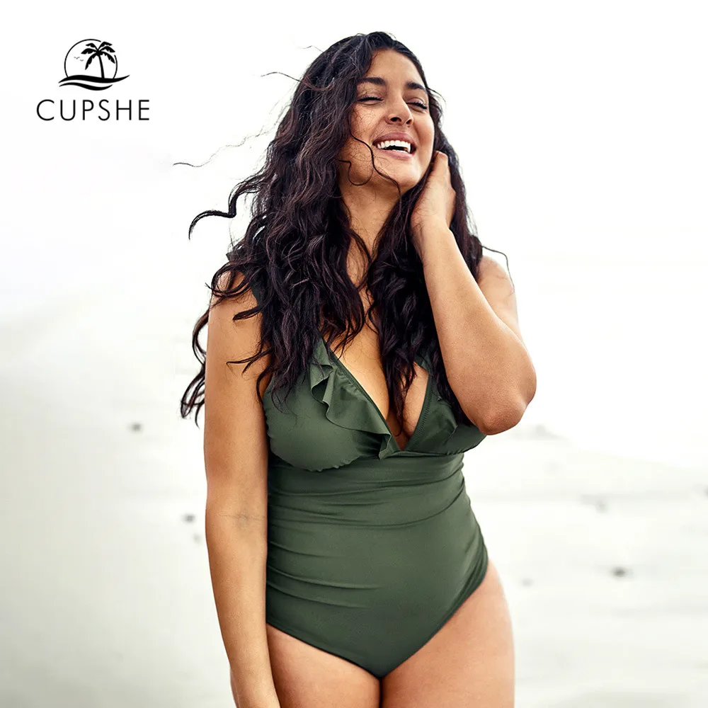 Billige CUPSHE Plus Größe Grün Gekräuselte V ausschnitt Badeanzug Frauen Sexy Kreuz Monokini Badeanzüge 2020 Mädchen Strand Bademode