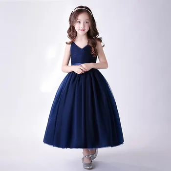 

summer Formal Blue Girls sleeveles Wedding Dress Chiffon mesh Party Tulle Princess Birthday Dress First Communion Gown for Girls