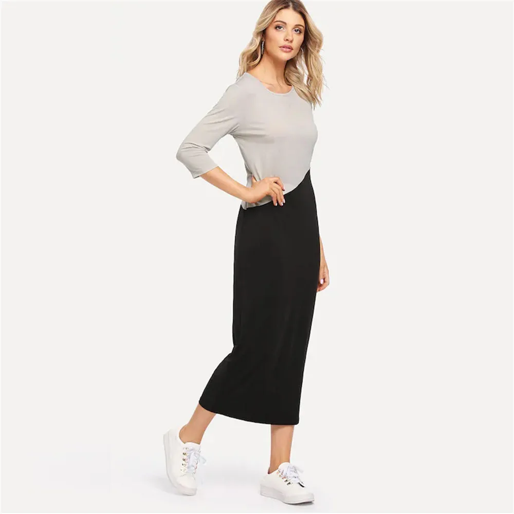 Big Sale Women Casual Dress 2018 Contrast Color Half Sleeve Bodycon Dress Female O Neck Autumn Long Dresses Vestido 10061# (4)