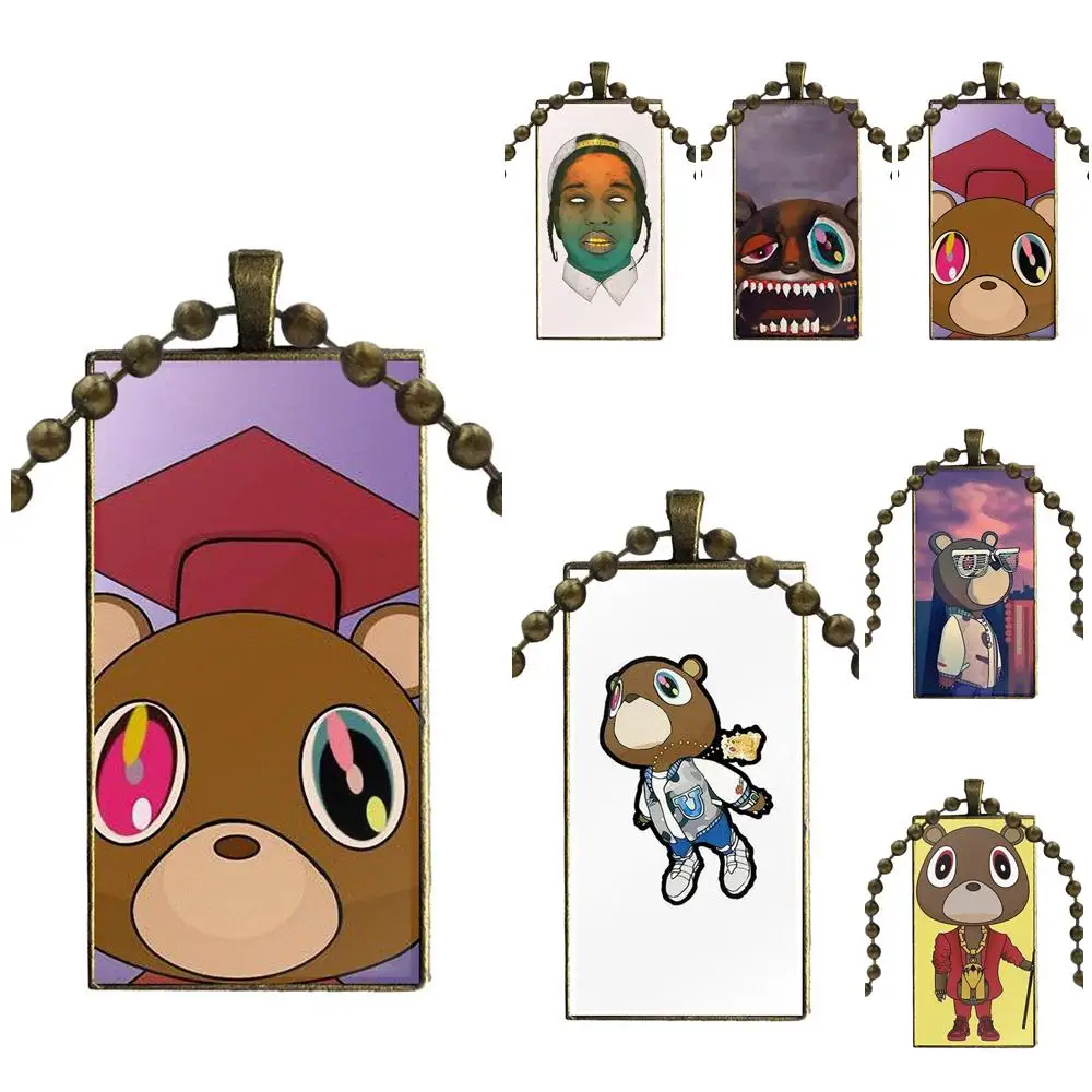 

Kanye West Dropout Bear Jewelry With Bronze Plated Glass Cabochon Choker Long Pendant Rectangle Necklace For Women Jewellery