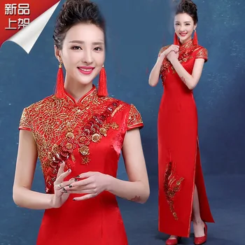 

New Red Chinese Wedding Dress Female Long Short Sleeve Cheongsam Slim Chinese Traditional Dress Women Qipao for Wedding Party