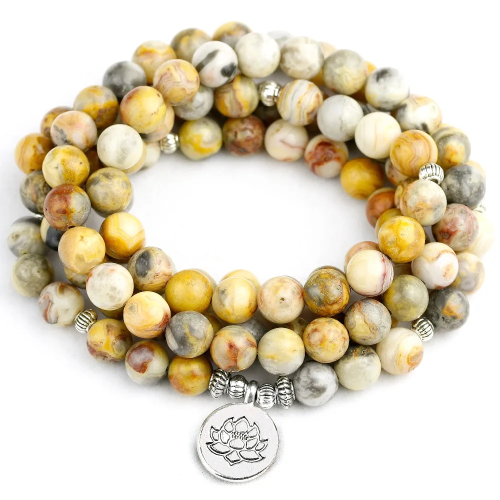 Natural Crazy Onyx Bracelet OM Buddha OM Lotus Charm Wrist For Women Men Buddhist Yoga Mala Bracelet For Unisex Jewelry
